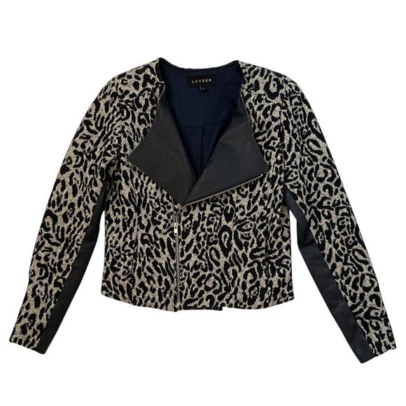 LAVEER Moto Jacket - Animal Print - Wool Cotton Leather - Black - Gray - Size 12 - Picture 2 of 6